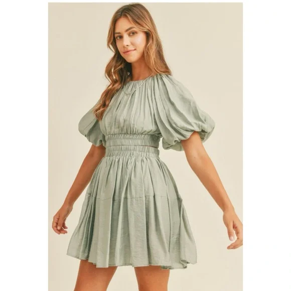 599 • Laurel Green Billows Puff Sleeve Smocked Waist Rayon Blend Mini Dress - Picture 2 of 5